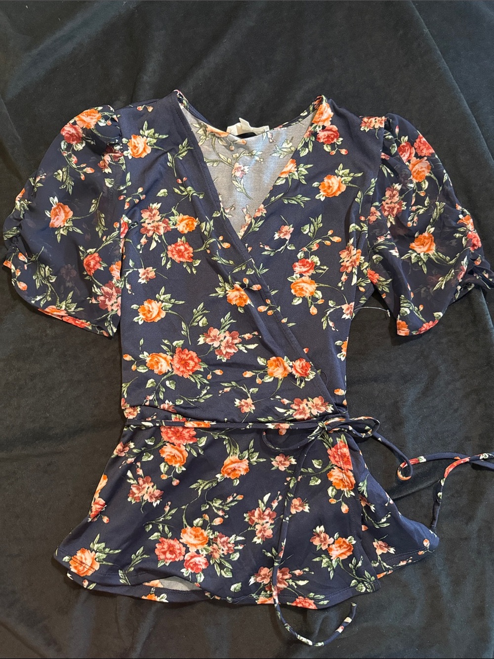 PerSeption Concept Navy Floral Wrap Top with Coral Roses